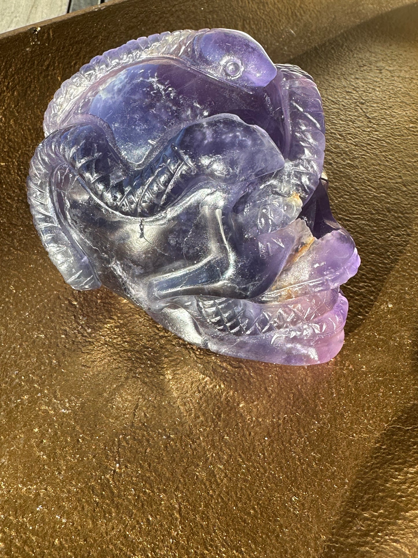 Rainbow Fluorite Snake Skull Carving